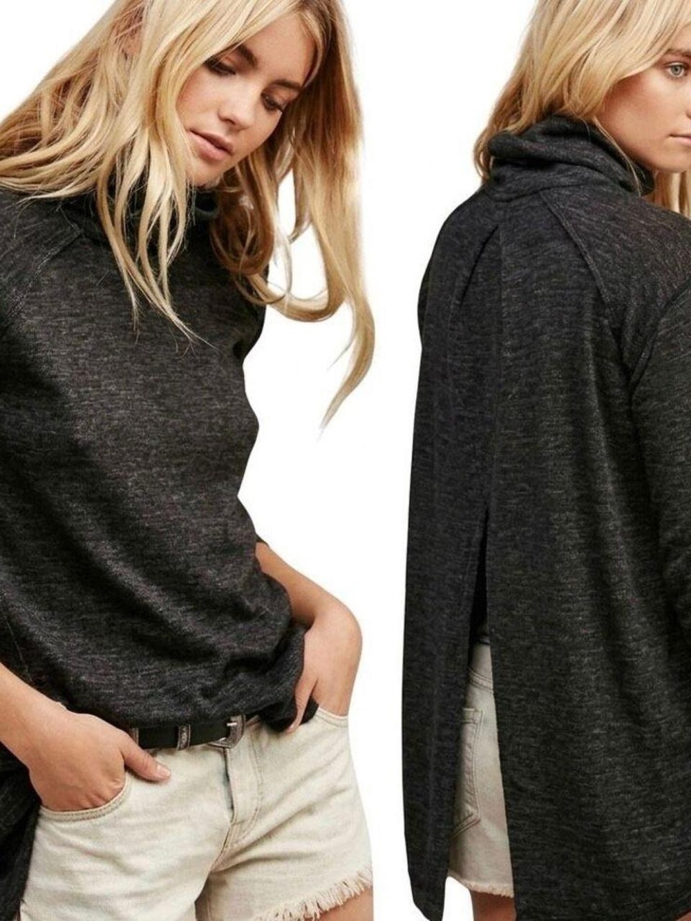 WE THE FREE People Charcoal Split Back Long Sleeve Turtleneck Tunic Top